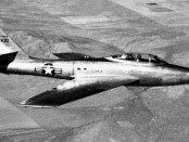 The first Republic YF-96A Thunderstreak (49-2430) shows off its sleek lines in flight over Southern California (USAF Photo)